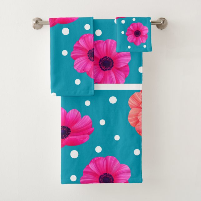 Flower blue and orange pink  bath towel set (Insitu)