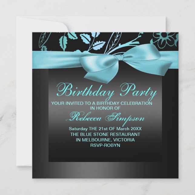 Flower Blue & Black Party Birthday Invitation (Front)