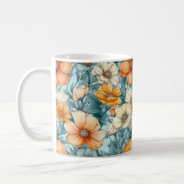 Flower Blue Orange Coffee Mug (Left)