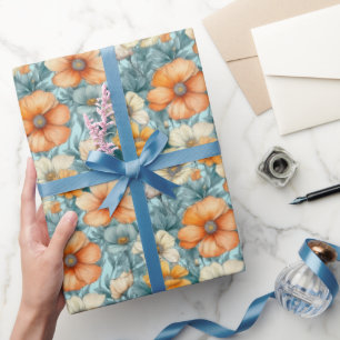 Flower Blue Orange Wrapping Paper