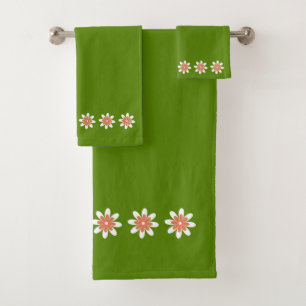 Flower Border Retro Avocado Green Bath Towel Set