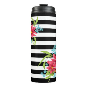 Flower bouquet flower striped black white floral s thermal tumbler