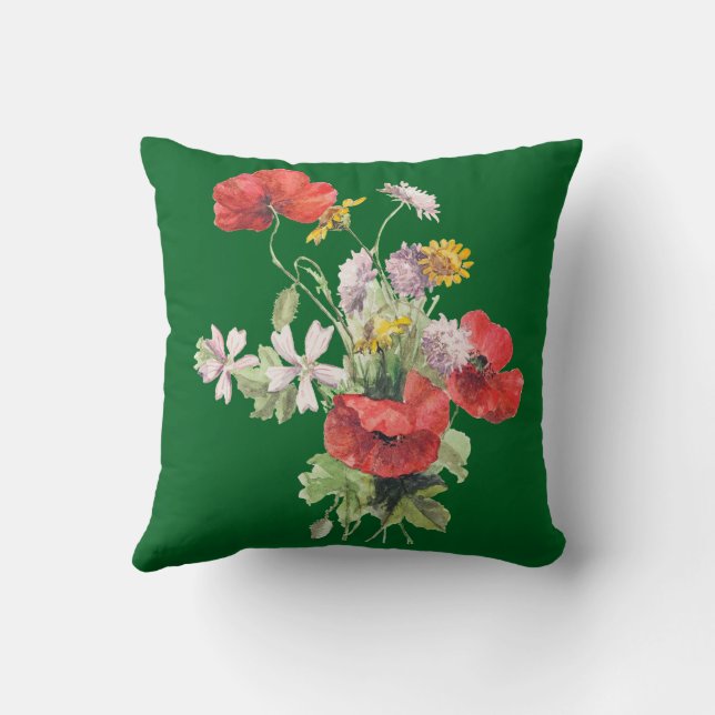 Flower Bouquet, Hunter Green Background, Throw Pillow (Back)
