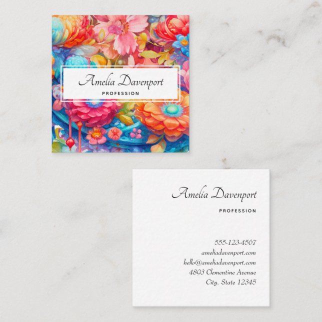 Flower Bouquet in Pink Orange & Blue Boho Square Business Card (Front/Back)