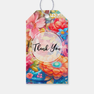 Flower Bouquet in Pink Orange & Blue Thank You Gift Tags