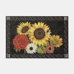 Flower Bouquet Indoor Welcome Mat, Black Vintage Doormat