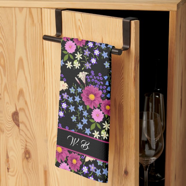 Flower Bouquet Monogram Black Kitchen Towel (Thirds Fold)