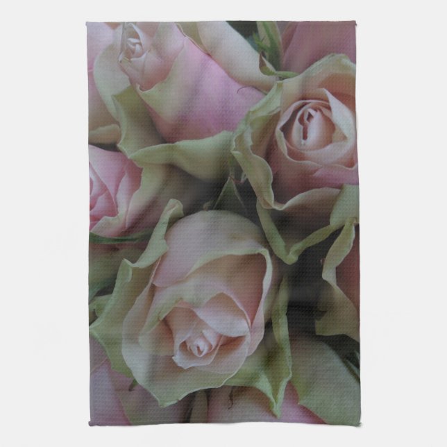 Flower Bouquet of Pink Green Roses Kitchen Towel (Vertical)