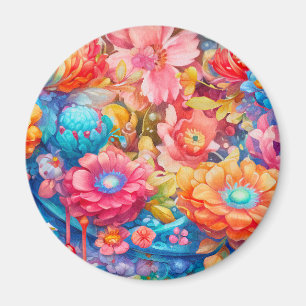 Flower Bouquet Orange & Blue Boho Magnet