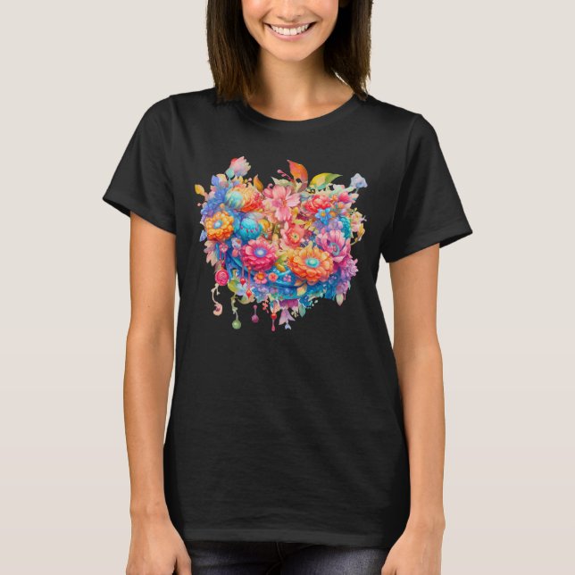 Flower Bouquet Orange & Blue Boho T-Shirt (Front)