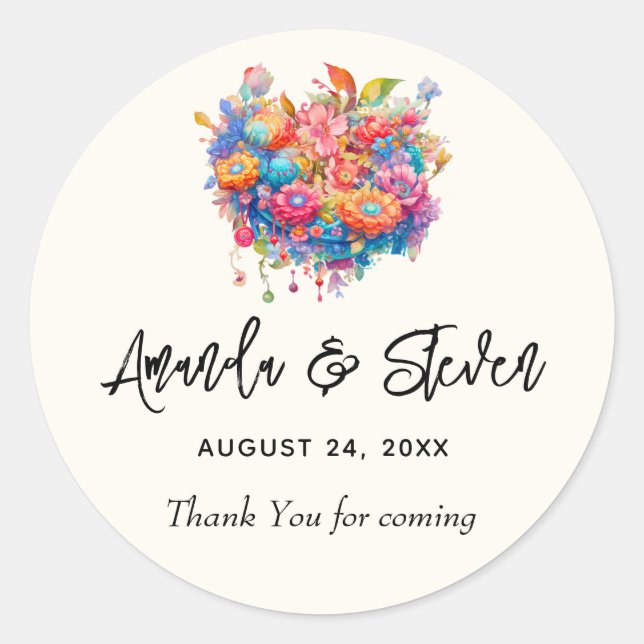 Flower Bouquet Orange & Blue Wedding Thank You Classic Round Sticker (Front)