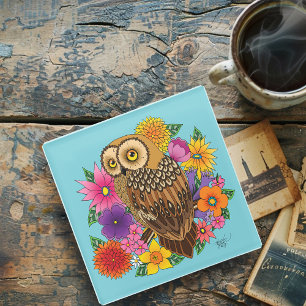 Flower Bouquet Owl Glass Coaster