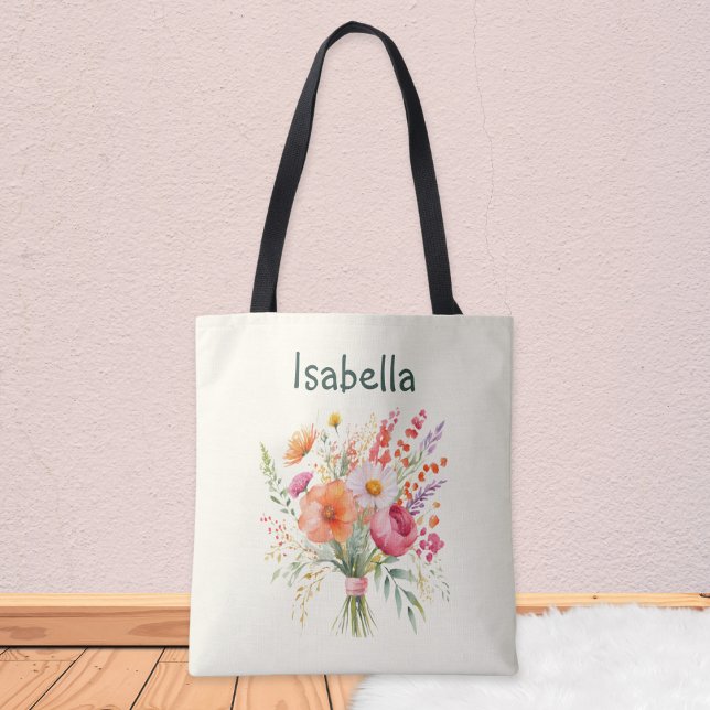 Flower Bouquet Pretty Floral Elegant Personalized Tote Bag (A pretty, personalized tote bag in pale cream, with picture of a summer floral bouquet)