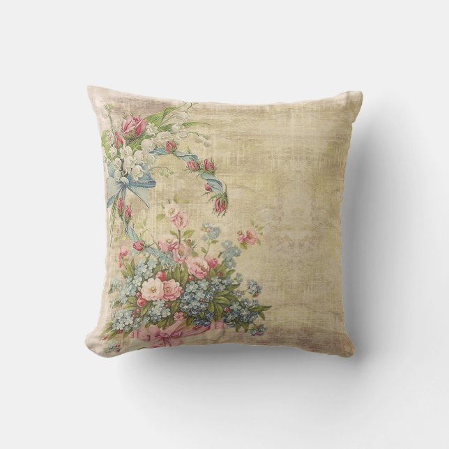 Flower Bouquets on Distressed Brown Throw Pillow (Front)