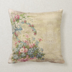 Flower Bouquets on Distressed Brown Throw Pillow