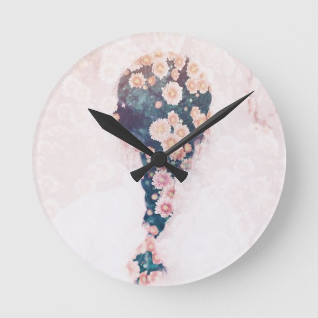 Flower Braid Pastel Pink White Round Wall Round Clock (Front)