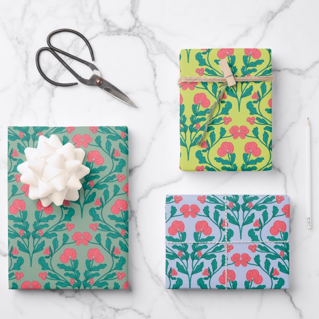 Flower Branch Wrapping Paper Flat Sheet Set of 3 (Front)