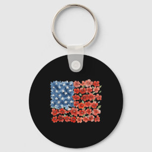 Flower Brushstroke America Flag 4th Of July Floral Keychain