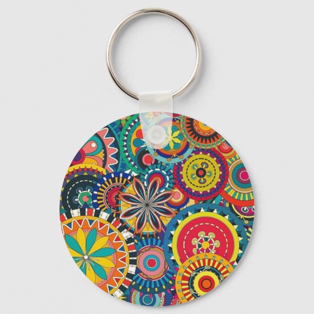 Flower Bursts Pinwheels Button Keychain (Front)