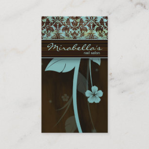 Flower Business Card Damask Blue Brown
