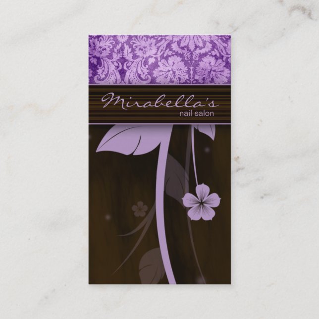 Flower Business Card Damask Purple Brown (Front)