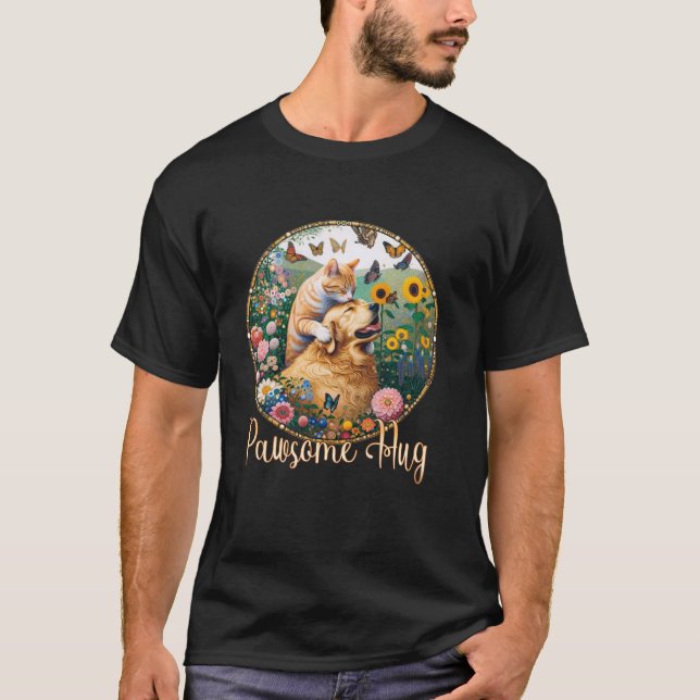 Flower Butterfly Funny Pawsome Hug Golden Retrieve T-Shirt (Front)