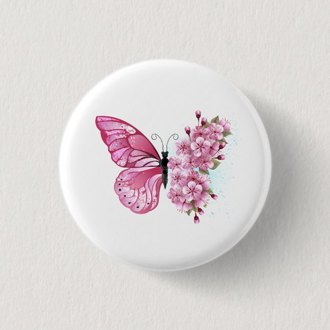 Flower Butterfly with Pink Sakura 1 Inch Round Button (Front)