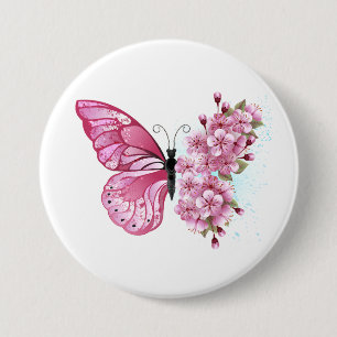 Flower Butterfly with Pink Sakura 3 Inch Round Button