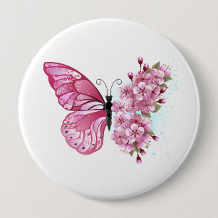 Flower Butterfly with Pink Sakura 4 Inch Round Button