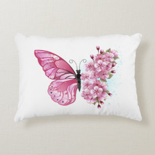 Flower Butterfly with Pink Sakura Accent Pillow