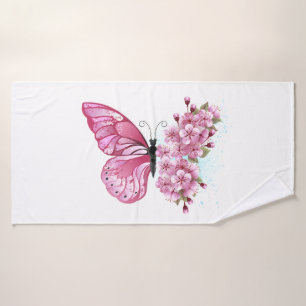 Flower Butterfly with Pink Sakura Bath Towel