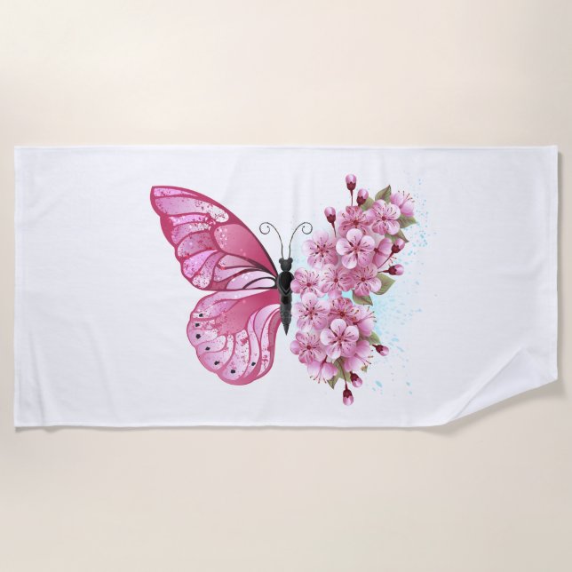 Flower Butterfly with Pink Sakura Beach Towel (Front)
