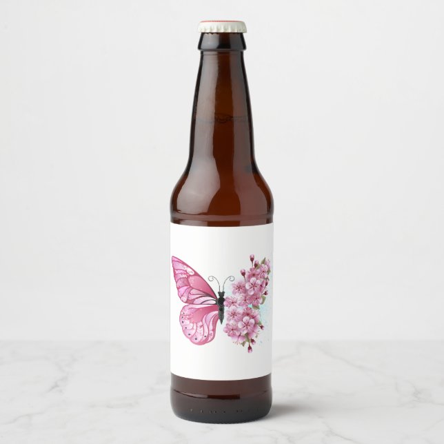 Flower Butterfly with Pink Sakura Beer Bottle Label (Front)