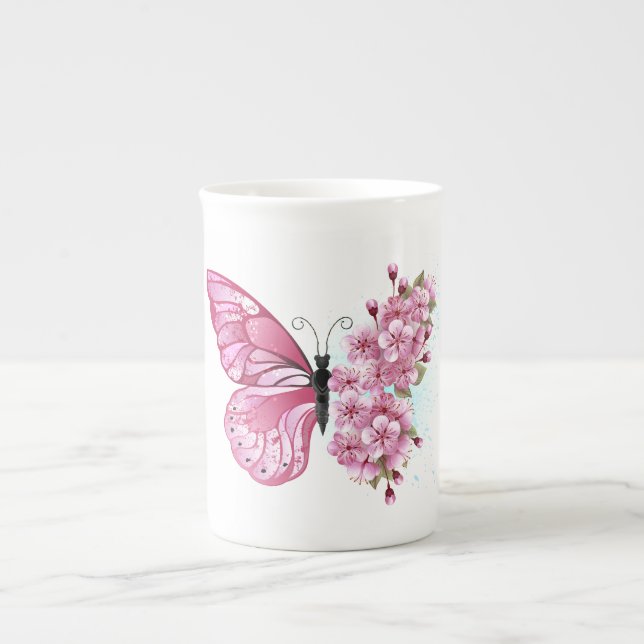 Flower Butterfly with Pink Sakura Bone China Mug (Front)