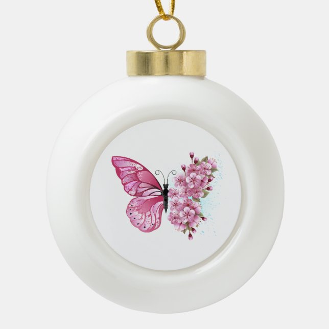 Flower Butterfly with Pink Sakura Ceramic Ball Christmas Ornament (Front)