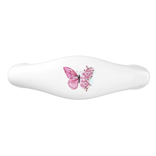 Flower Butterfly with Pink Sakura Ceramic Drawer Pull (Front)