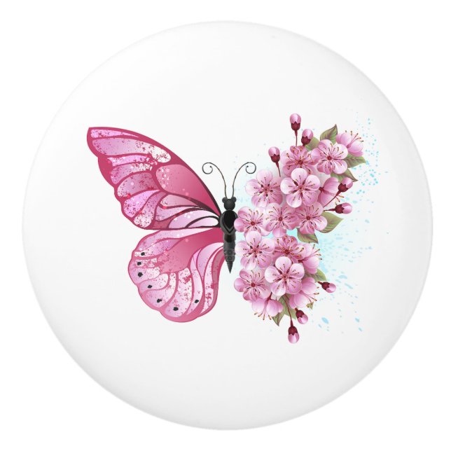 Flower Butterfly with Pink Sakura Ceramic Knob (Front)