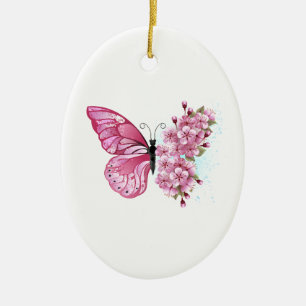 Flower Butterfly with Pink Sakura Ceramic Ornament