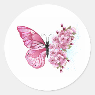Flower Butterfly with Pink Sakura Classic Round Sticker