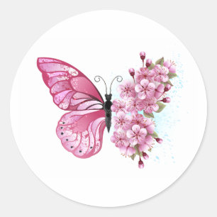 Flower Butterfly with Pink Sakura Classic Round Sticker