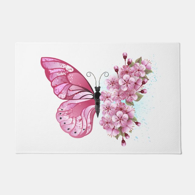 Flower Butterfly with Pink Sakura Doormat (Front)