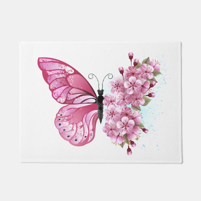 Flower Butterfly with Pink Sakura Doormat (Front)