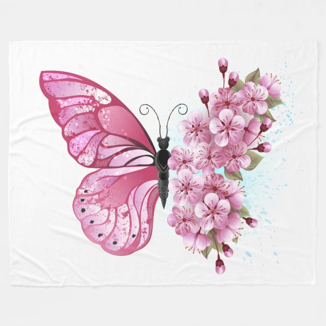 Flower Butterfly with Pink Sakura Fleece Blanket (Front (Horizontal))