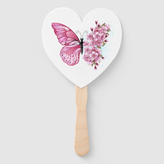 Flower Butterfly with Pink Sakura Hand Fan (Front)
