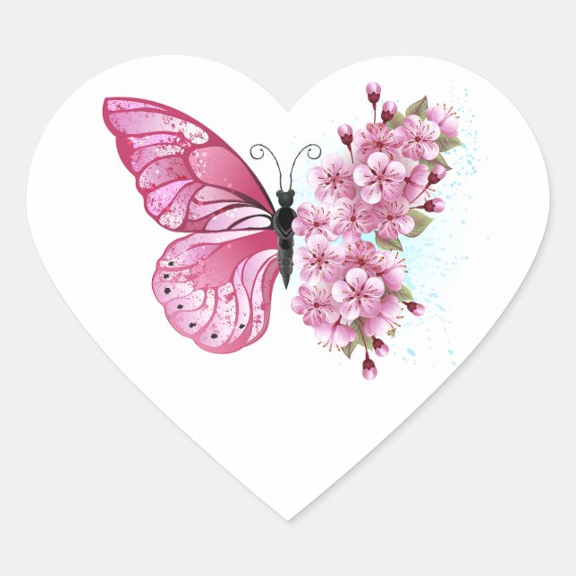 Flower Butterfly with Pink Sakura Heart Sticker (Front)