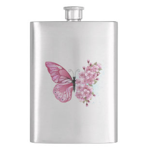 Flower Butterfly with Pink Sakura Hip Flask