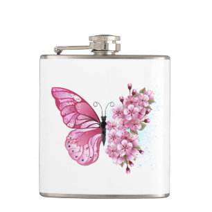 Flower Butterfly with Pink Sakura Hip Flask