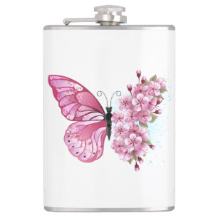 Flower Butterfly with Pink Sakura Hip Flask