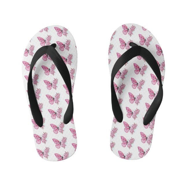 Flower Butterfly with Pink Sakura Kid's Flip Flops (Footbed)