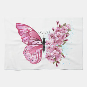 Flower Butterfly with Pink Sakura Kitchen Towel